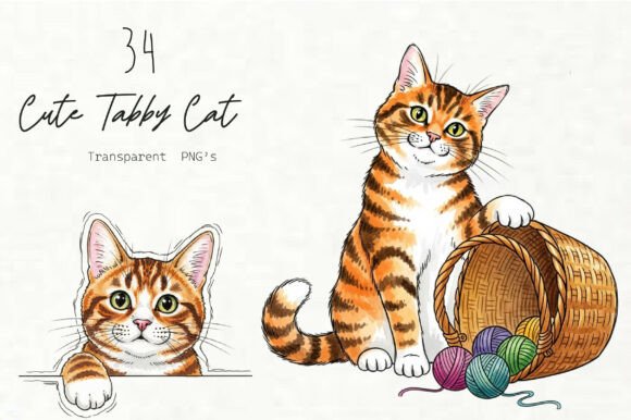 Adorable Tabby Cat Graphics: 34 Whimsical Designs for Your Crafts