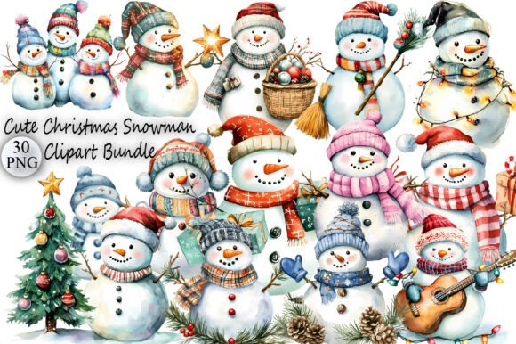 Cute Christmas Snowman Clipart Bundle: A Watercolor Holiday Collection