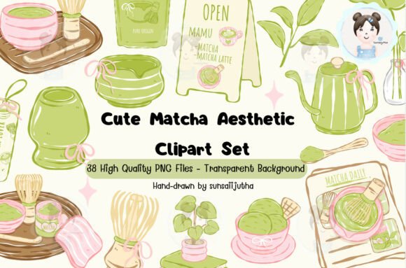 Cute Matcha Aesthetic Clipart: Cozy Tea Time Design