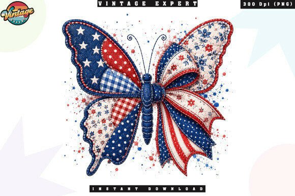 Patriotic Butterfly Patchwork PNG: A Design Asset for Americana