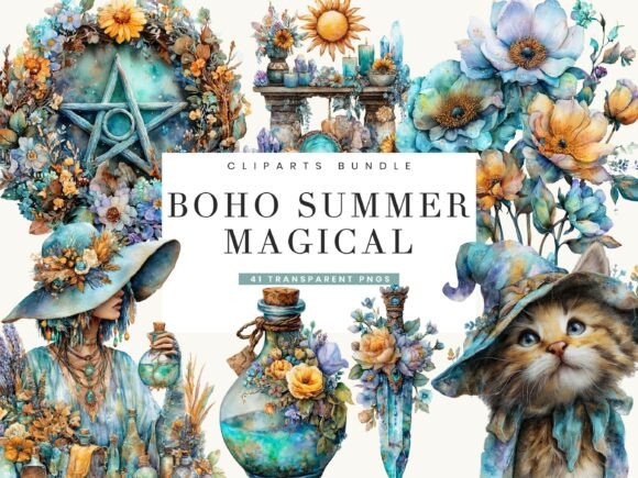 Watercolor Boho Summer Magical Clipart: Infusing Warmth into Your Designs