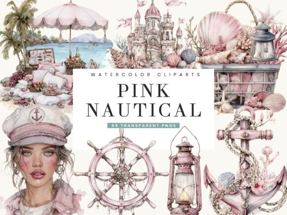 Watercolor Pink Nautical Clipart: Coastal Design Essentials